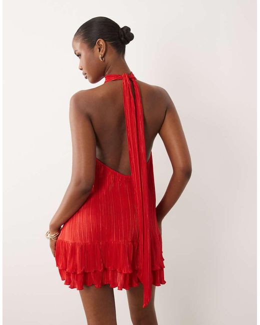 ASOS Red Plisse Halter Neck Mini Dress With Ruffle Hem