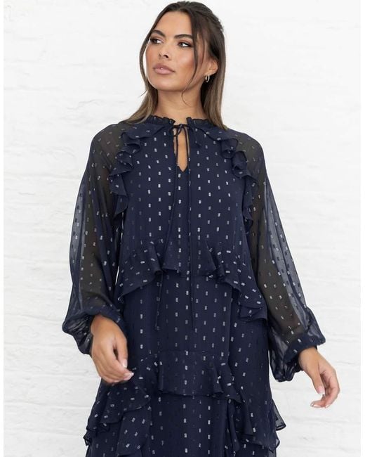 ANAYA Blue Foil Chiffon Long Sleeve High Neck Ruffled Maxi Dress