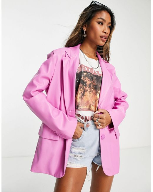 Bershka Faux Leather Blazer in Pink - Lyst
