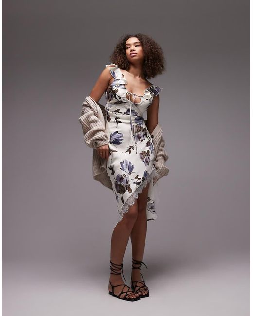emory park Brown Asymmetric Hem Floral Print Satin Midi Dress