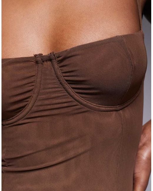 GOOD AMERICAN Brown Mesh Bustier Bodysuit