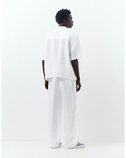 Pull&Bear White 100% Linen Trousers for men