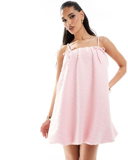 ASOS Pink Textured Bubble Hem Mini Dress With Tie Straps