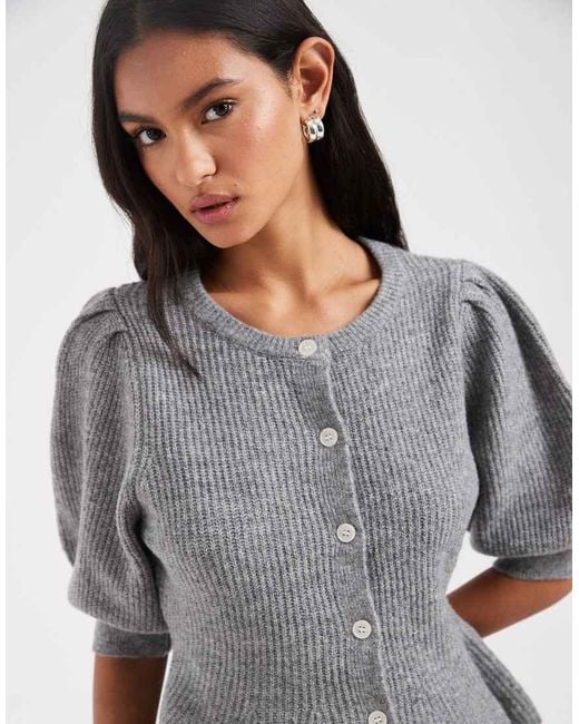 Pieces Gray Puff Sleeve Waist Detail Cardigan