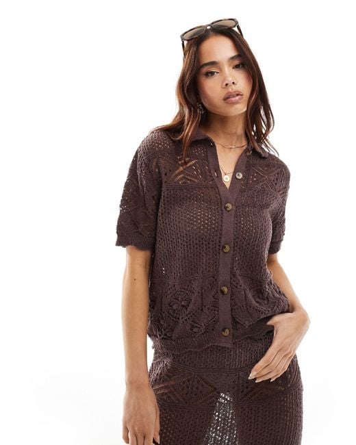 Miss Selfridge Brown Short Sleeve Boxy Crochet Shirt Co-ord