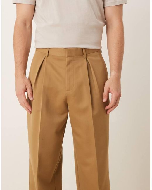 ASOS Natural Smart Wide Leg Pants With Deep Inverted Pleat for men