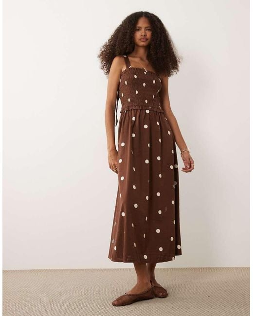 New Look Brown Polka Dot Shirred Tie Back Midi Dress