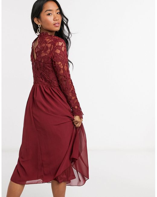 Chi Chi London Lace Long Sleeve Midi Dress in Red | Lyst Australia