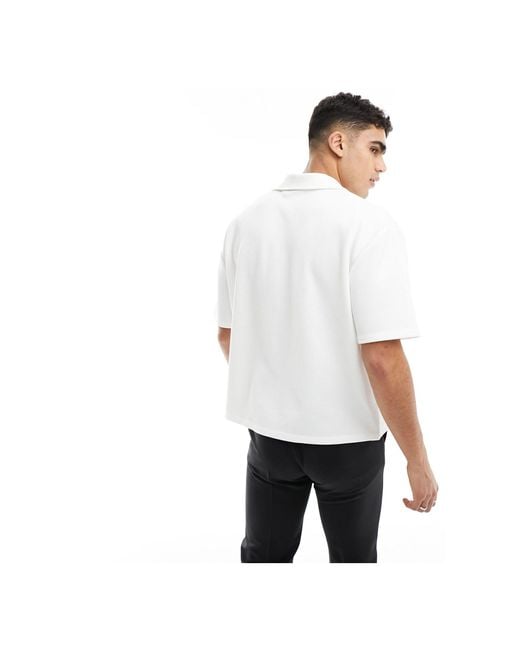ASOS White Oversized Textured Revere Collar Polo Shirt for men