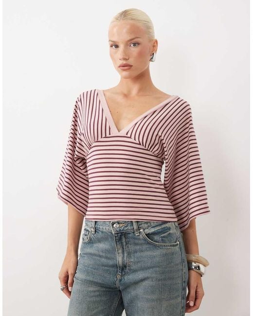 Gina Tricot Pink Deep V Neck Wide Sleeve Top