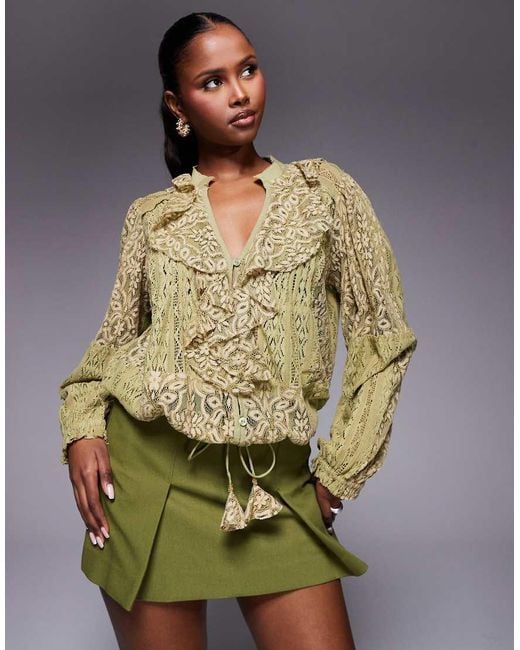 River Island Green Long Sleeve Lace Ruffle Top