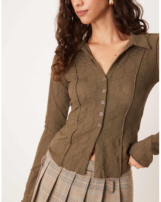Brave Soul Natural Long Sleeve Collared Textured Jersey Top