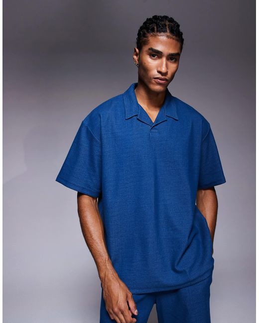 ADPT Blue Split Neck Texture Polo Shirt for men
