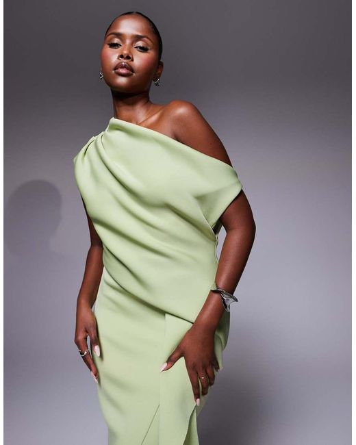 ASOS Midi-Jurk Van Scuba-Achtige Stof Met Afhangende Schouder En Gemanipuleerde Plooi in het Green