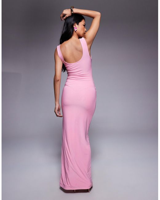 Kaiia Pink Exclusive Double Layered Slinky Scoop Neck Tie Front Drape Detail Maxi Dress