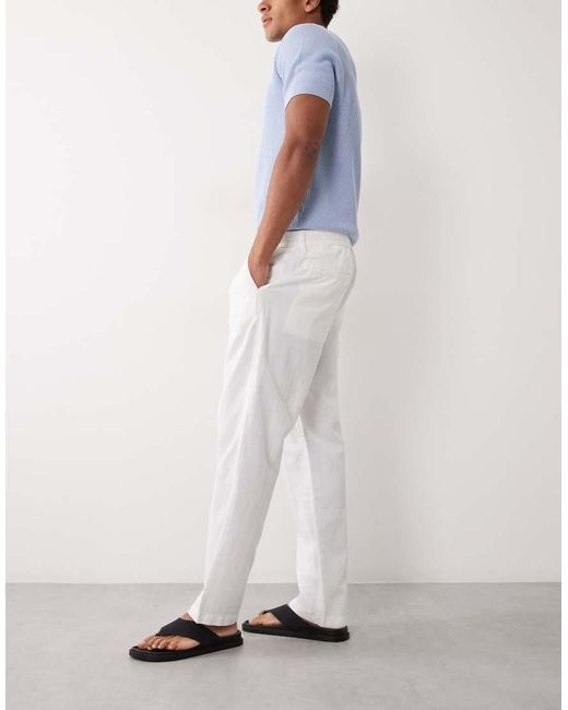 Mango White Linen Blend Straight Leg Draw String Trousers for men