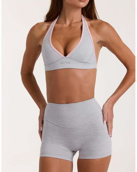 BO+TEE White Soft Active Halter Neck Plunge Contrast Trim Sports Bra