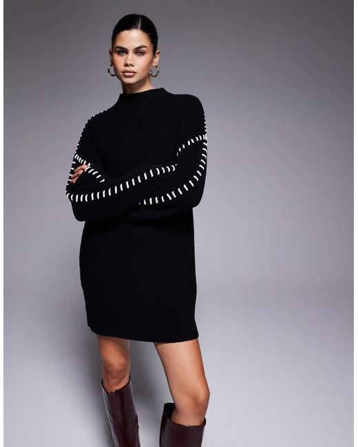 Aria Cove Knitted Oversized Contrast Stitch Mini Jumper Dress in Black |  Lyst