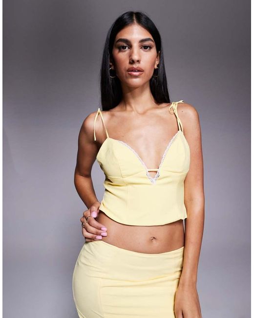 Oh Polly Yellow Pippa Lace Trim Plunge Crop Top Co-Ord