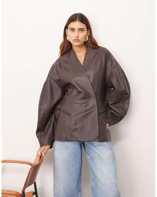 ARRANGE Brown Soft Leather Jacket With Cinched Waist And Ovoid Sleeve