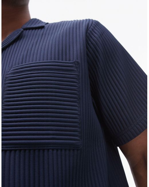 Topman Blue Short Sleeve Revere Plisse Shirt for men