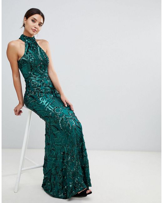 Bariano Green Embellished Maxi Dress With High Neck