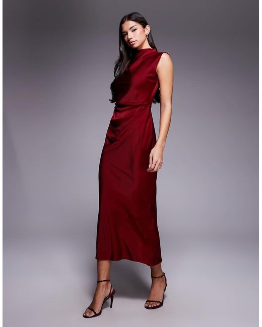 ASOS Purple Satin High Neck Pleated Bodice Midi Dress