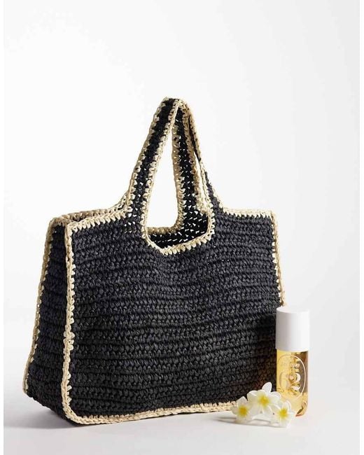 Pieces Black Woven Straw Beach Bag