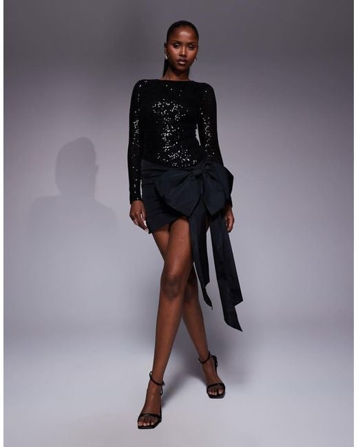 Forever New Black Sequin Bow Drape Mini Dress