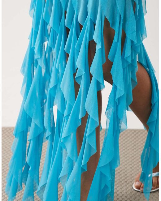 Kaiia Blue Exclusive Textured Mesh Bandeau Ruffle Hem Maxi Dress