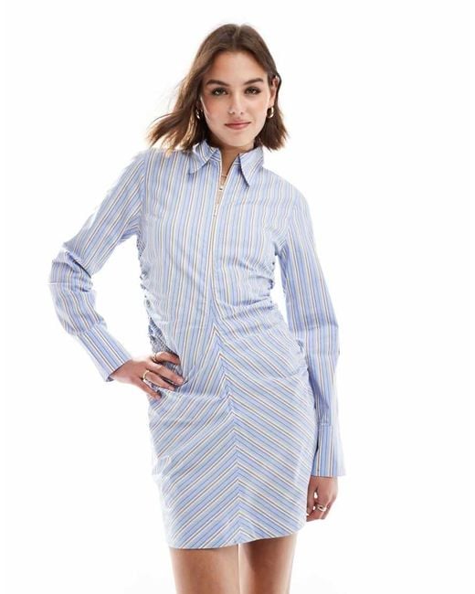 Mango Blue Cinched Waist Stripe Mini Dress