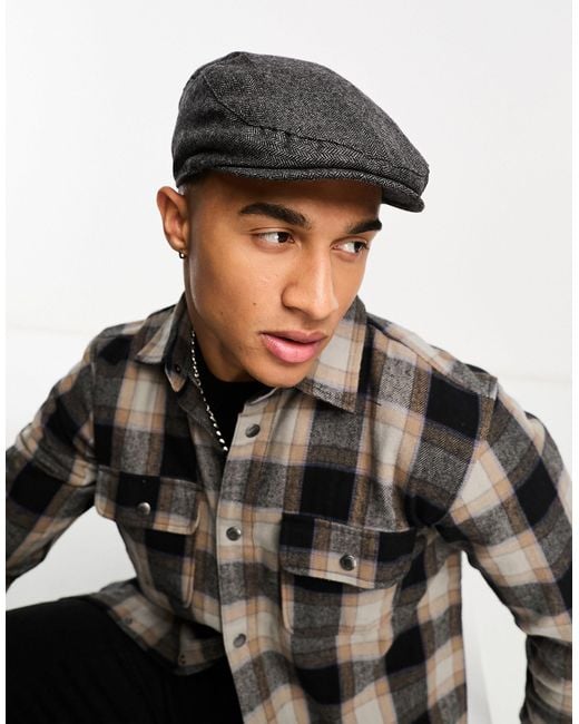 Ben Sherman Black Herringbone Flat Cap for men