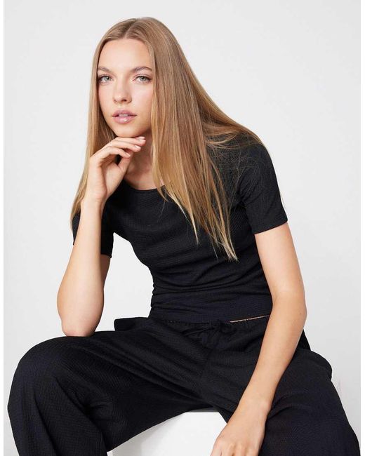 Tezenis Black Short Sleeve Crinkle Top With Gathering