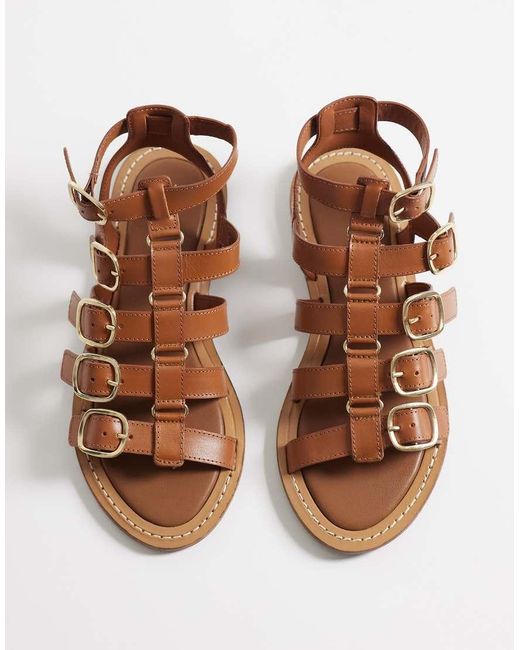 Mango Brown 100% Leather Gladiator Sandals With Buckles