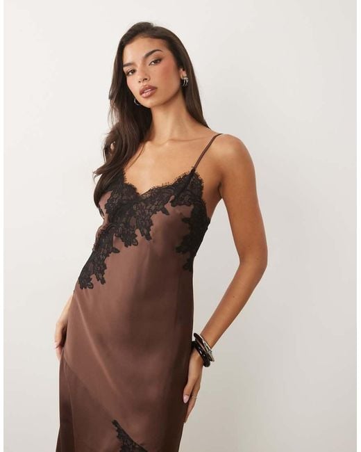 Nobody's Child Natural Zaria Satin Lace Trim Split Front Cami Midi Dress