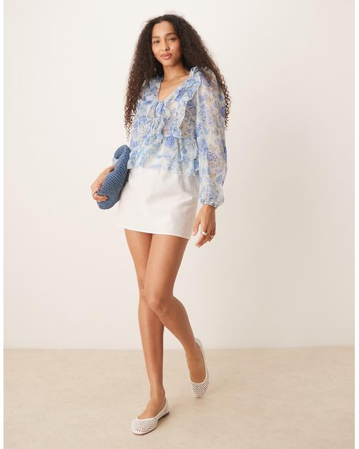 Mango Blue Tie Detail Long Sleeve Flouncy Floral Print Blouse With Ruffle Detail