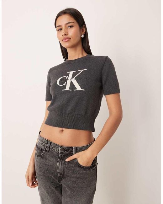 Calvin Klein Gray Monogram Logo Cropped Knitted Top