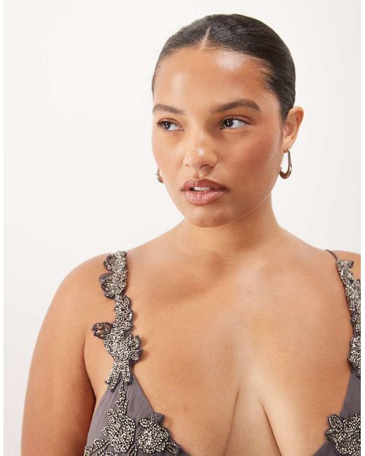 ASOS Gray Asos Design Curve Floral Embellished Cami Maxi Dress With Scarf