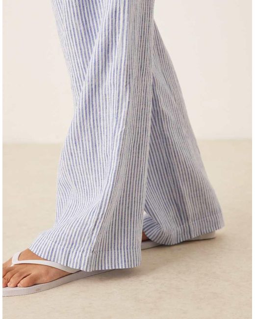 Mango Gestreepte Broek Van Linnenmix Met Elastische Taille in het White