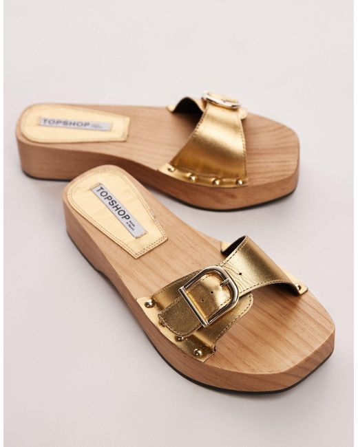 TOPSHOP Brown Iren Premium Leather Clogs With Buckle Detail