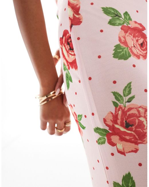 Robe caraco longue à pois avec imprimé roses - rose ASOS en coloris White