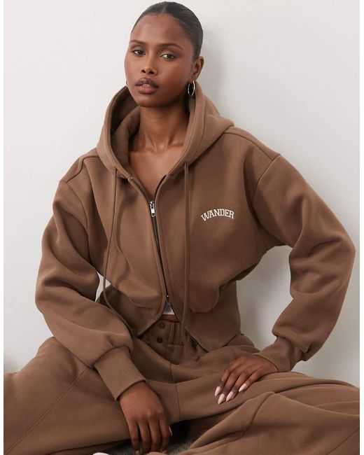 Wanderdoll Brown Sloane Premium Cotton Blend Cropped Zip Through Hoodie Co-Ord