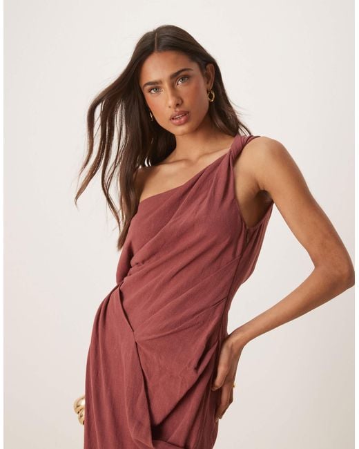 ASOS Red Linen Blend Fallen Twisted Shoulder Wrap Skirt Detail Midi Dress