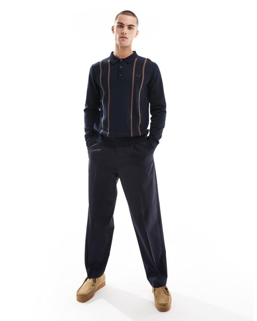 Fred Perry Blue Vertical Stripe Knitted Long Sleeve Polo for men