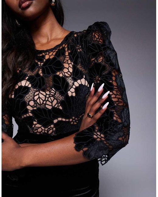 Goddiva Black Scalloped Crochet & Velvet Midi Dress