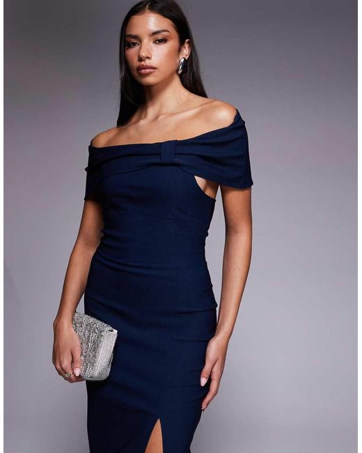 Vesper Blue Bengaline Deep Bardot Cinch Detail Side Split Maxi Dress