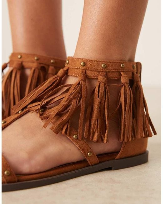 ASOS Brown Feather Studded Fringe Flat Sandals