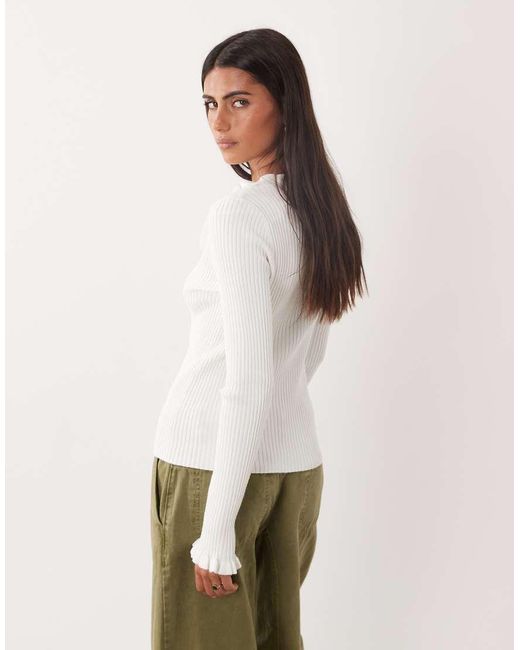 Mango White Frill Detail V Neck Cardigan