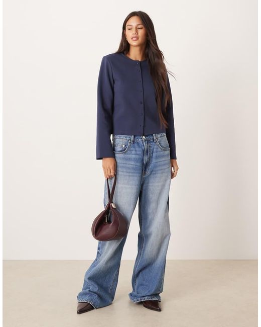 ASOS Blue Interlock Button Through Boxy Top With Shoulder Pads