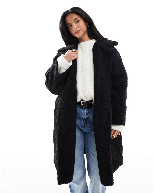 Don't Think Twice Dtt petite – zweireihige longline-jacke aus teddyfell in Black für Herren